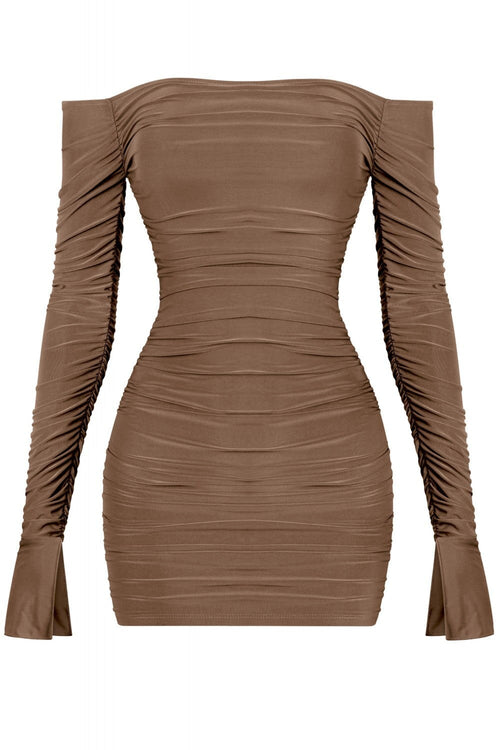 Dream a Little Dream Ruched Mini Dress Mocha - Style Delivers