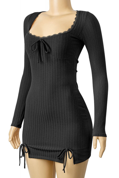 Melly Long Sleeve Wide Rib Mini Dress Black - Style Delivers