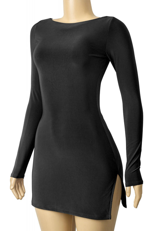 What's It Giving Long Sleeve Open Back Side Slit Mini Dress Black - Style Delivers