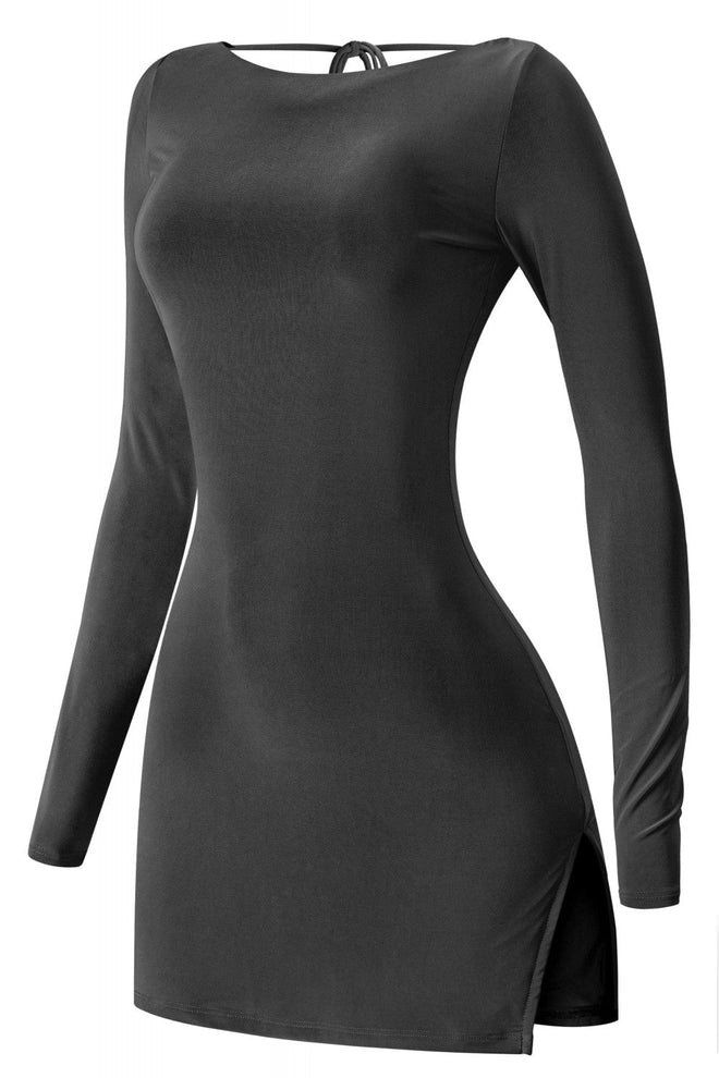What's It Giving Long Sleeve Open Back Side Slit Mini Dress Black - Style Delivers