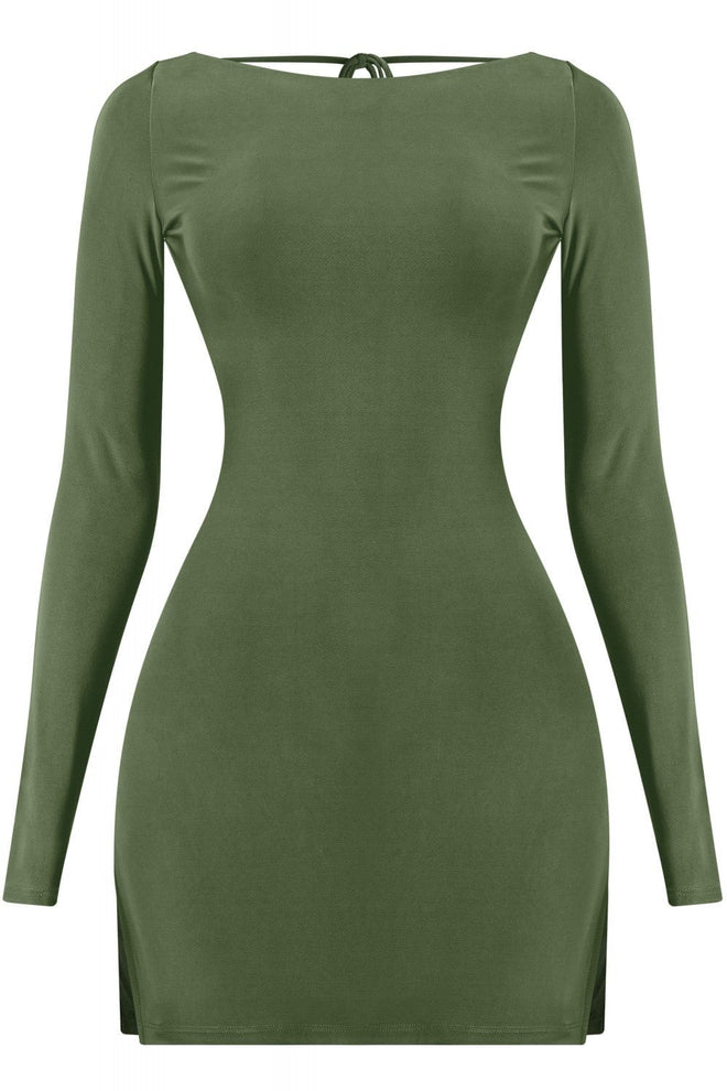 What's It Giving Long Sleeve Open Back Side Slit Mini Dress Olive - Style Delivers
