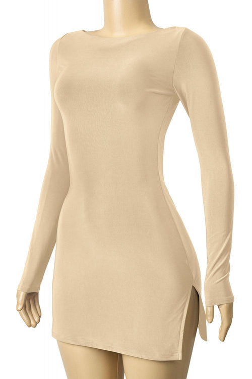 What's It Giving Long Sleeve Open Back Side Slit Mini Dress Taupe - Style Delivers