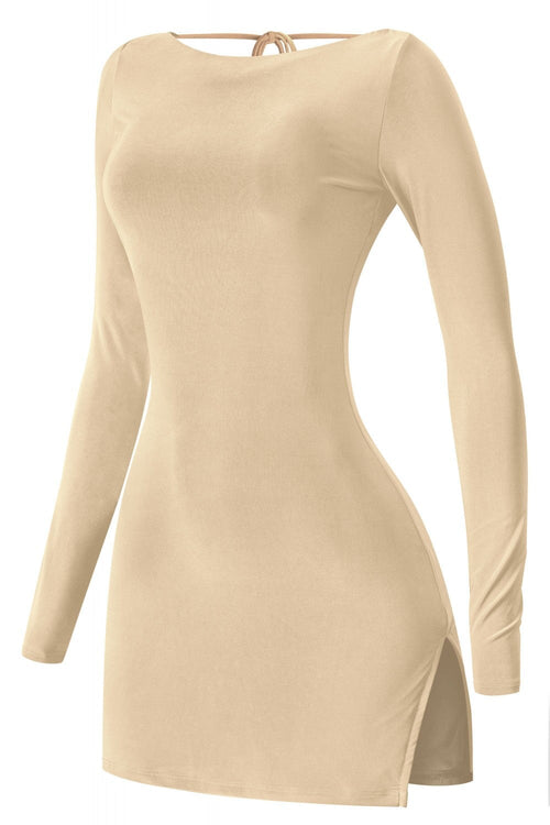What's It Giving Long Sleeve Open Back Side Slit Mini Dress Taupe - Style Delivers