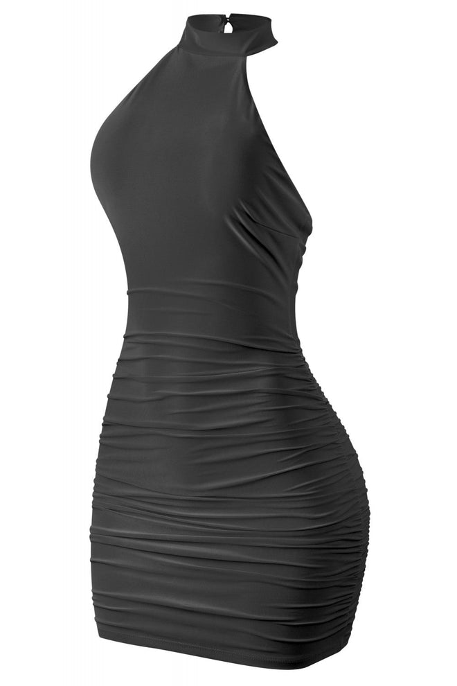 Hilaria Halterneck Ruched Mini Dress Black - Style Delivers