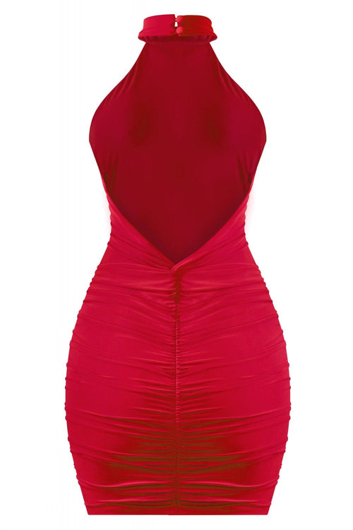 Hilaria Halterneck Ruched Mini Dress Red