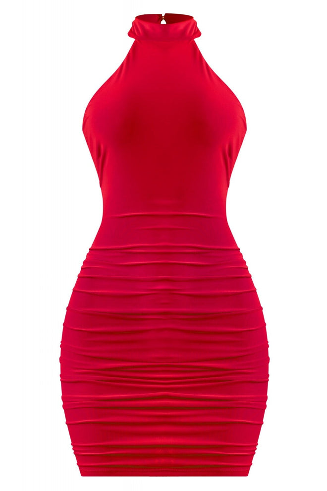 Hilaria Halterneck Ruched Mini Dress Red - Style Delivers