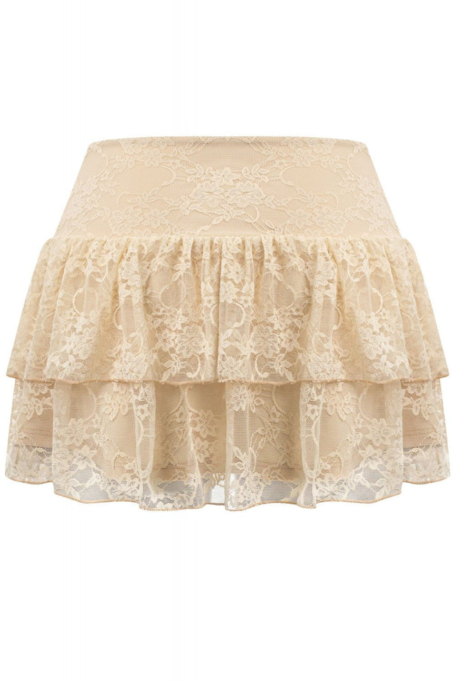 Chantal Lace Layered Ruffle Mini Skirt Oatmeal - Style Delivers
