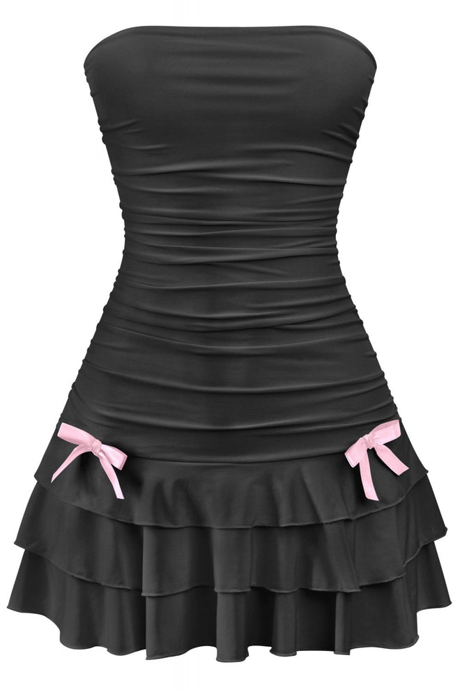 Coquette Strapless Ruffle Hem Mini Dress Black with PInk - Style Delivers