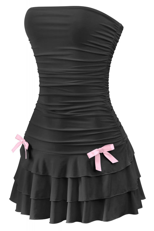 Coquette Strapless Ruffle Hem Mini Dress Black with PInk - Style Delivers