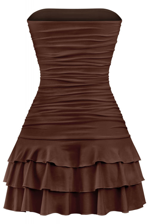 Coquette Strapless Ruffle Hem Mini Dress Brown - Style Delivers