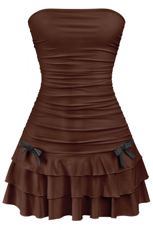 Coquette Strapless Ruffle Hem Mini Dress Brown - Style Delivers