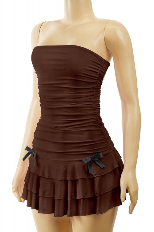 Coquette Strapless Ruffle Hem Mini Dress Brown - Style Delivers