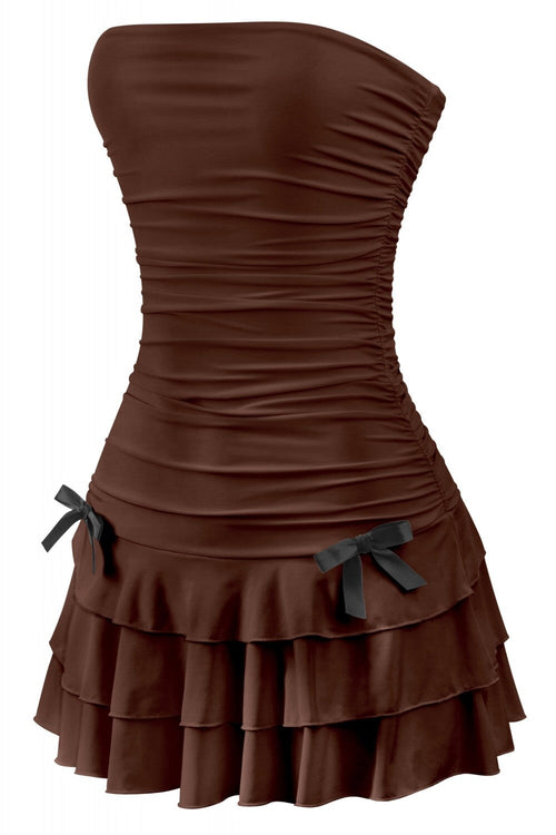 Coquette Strapless Ruffle Hem Mini Dress Brown - Style Delivers