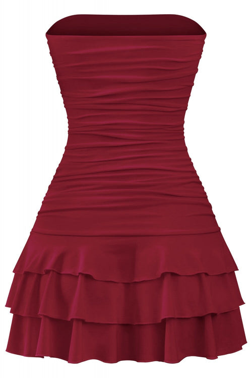 Coquette Strapless Ruffle Hem Mini Dress Burgundy - Style Delivers