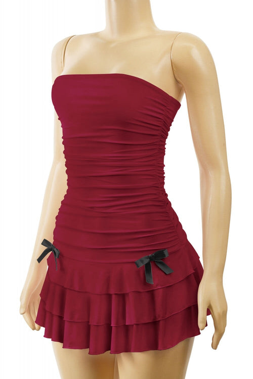 Coquette Strapless Ruffle Hem Mini Dress Burgundy - Style Delivers