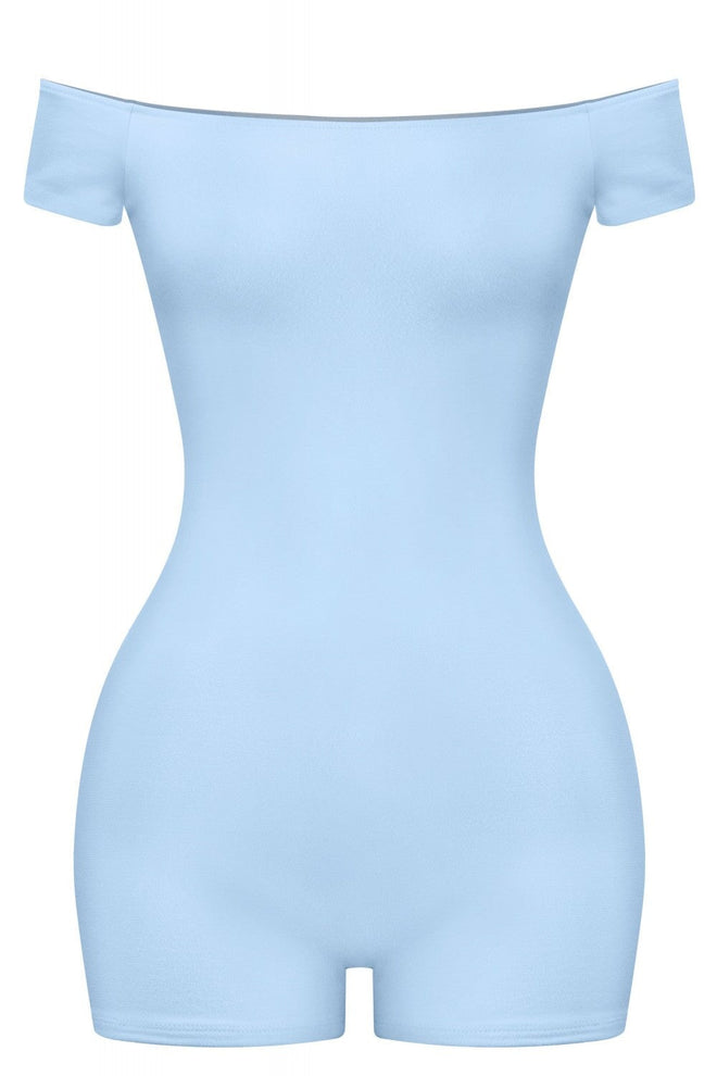 Nora Short Sleeve Off Shoulder Romper Baby Blue - Style Delivers