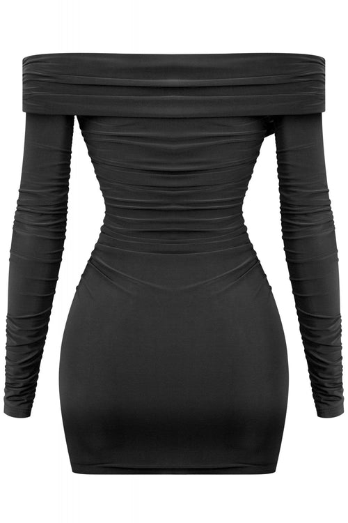 Taste Long Sleeve Off Shoulder Ruched Dress Black - Style Delivers