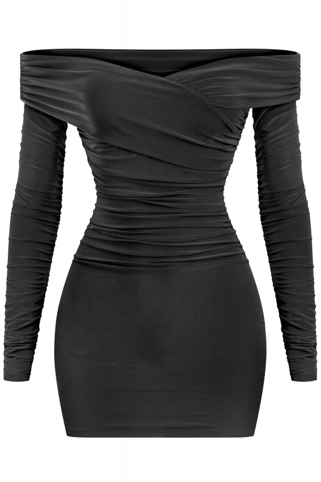 Taste Long Sleeve Off Shoulder Ruched Dress Black - Style Delivers