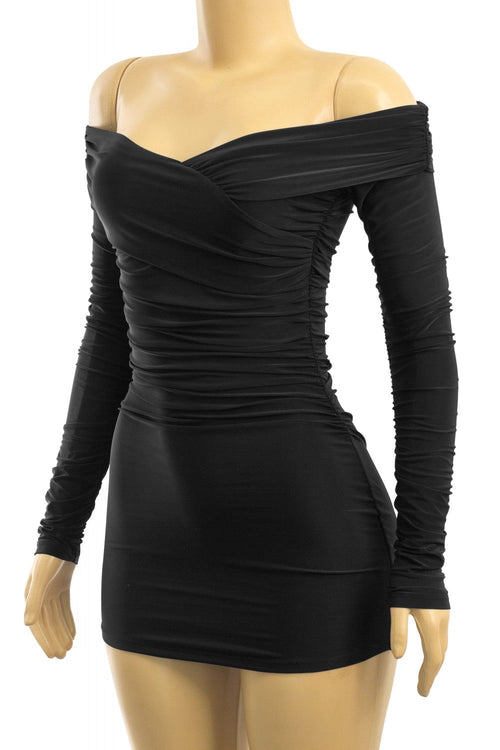 Taste Long Sleeve Off Shoulder Ruched Dress Black - Style Delivers