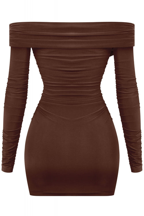 Taste Long Sleeve Off Shoulder Ruched Dress Brown - Style Delivers