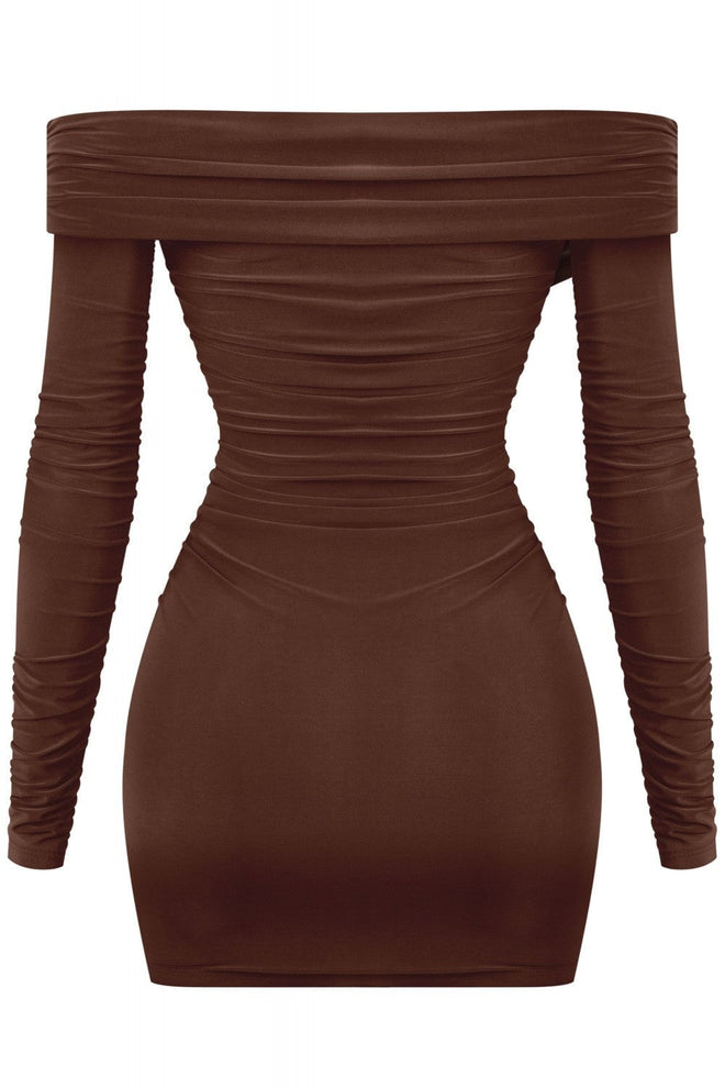 Taste Long Sleeve Off Shoulder Ruched Dress Brown - Style Delivers