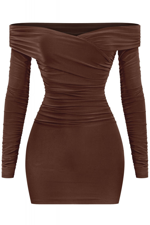 Taste Long Sleeve Off Shoulder Ruched Dress Brown - Style Delivers