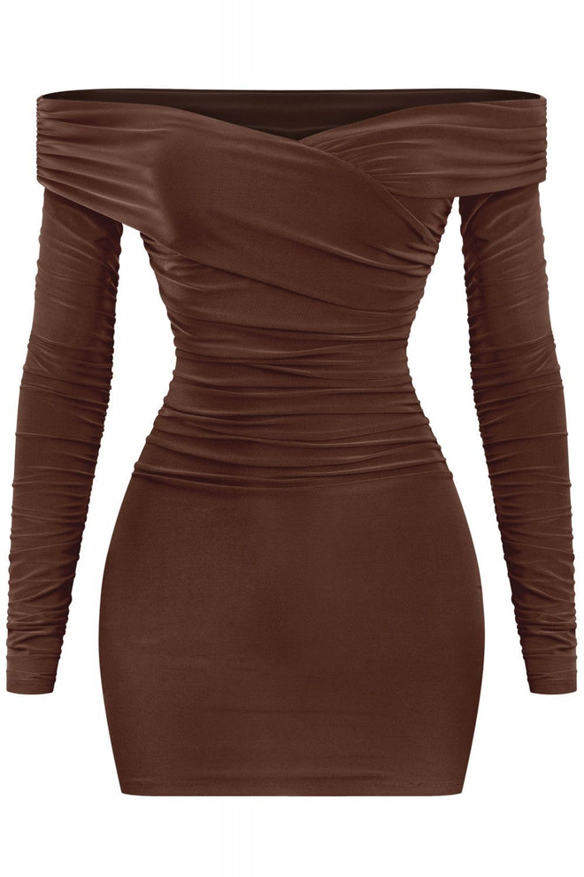 Taste Long Sleeve Off Shoulder Ruched Dress Brown - Style Delivers