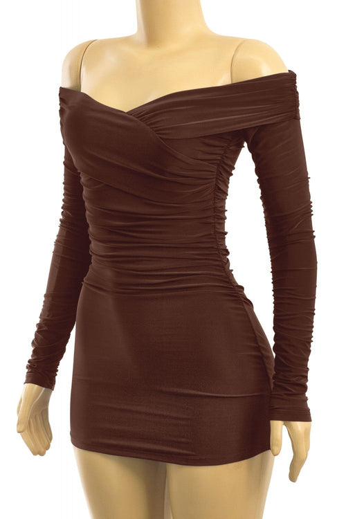 Taste Long Sleeve Off Shoulder Ruched Dress Brown - Style Delivers