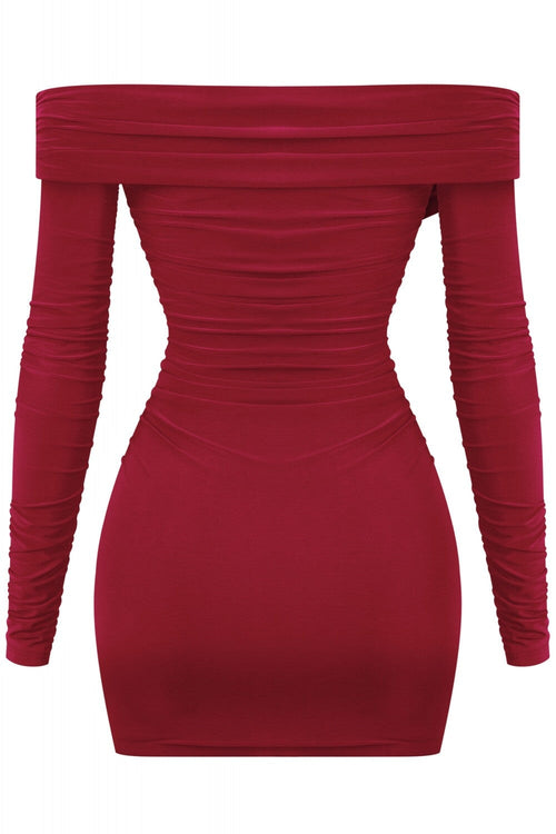 Taste Long Sleeve Off Shoulder Ruched Dress Burgundy - Style Delivers