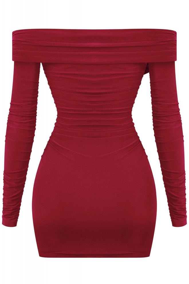 Taste Long Sleeve Off Shoulder Ruched Dress Burgundy - Style Delivers