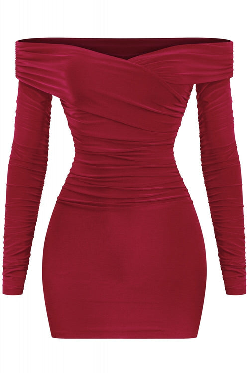 Taste Long Sleeve Off Shoulder Ruched Dress Burgundy - Style Delivers