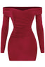 Taste Long Sleeve Off Shoulder Ruched Dress Burgundy - Style Delivers