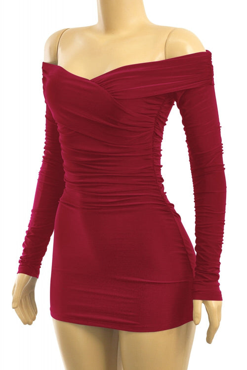 Taste Long Sleeve Off Shoulder Ruched Dress Burgundy - Style Delivers