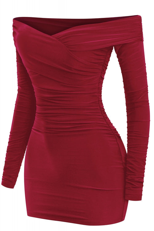 Taste Long Sleeve Off Shoulder Ruched Dress Burgundy - Style Delivers