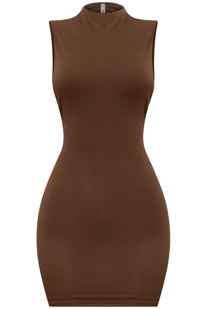 High Key Mock Neck Mini Dress Brown - Style Delivers