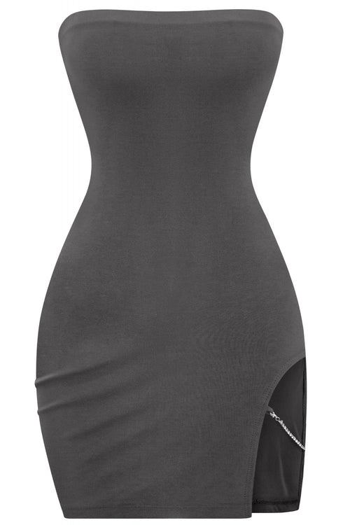 Hot to Go Strapless Side Cut Out Dress Charcoal - Style Delivers