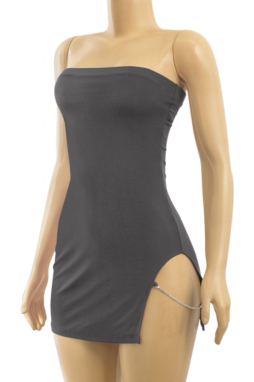 Hot to Go Strapless Side Cut Out Dress Charcoal - Style Delivers