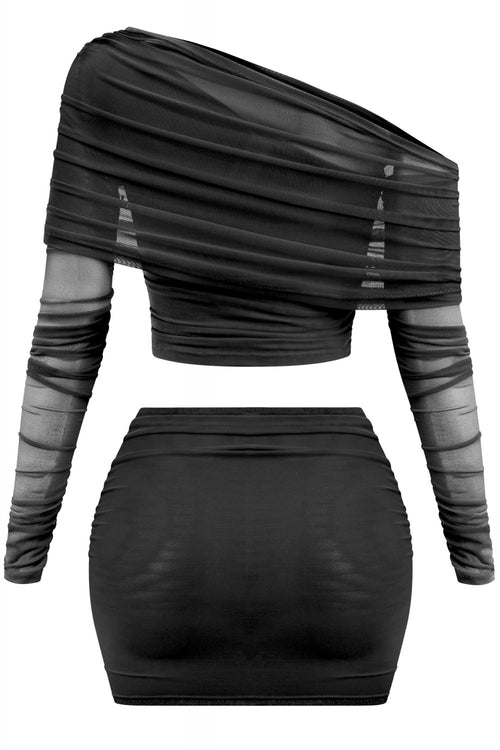 Amayra Asymmetrical Mesh Skirt Set Black