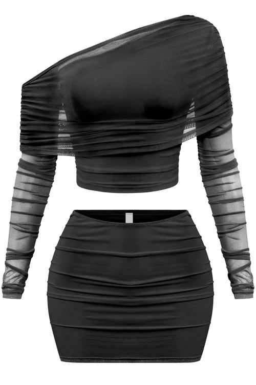 Amayra Asymmetrical Mesh Skirt Set Black