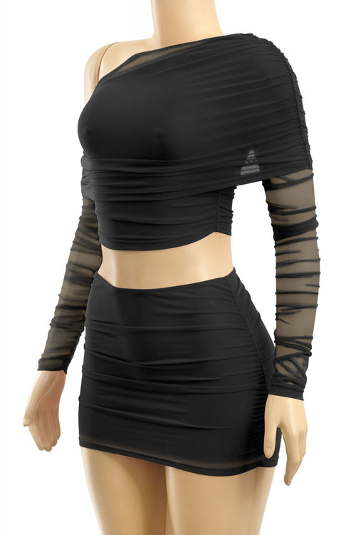 Amayra Asymmetrical Mesh Skirt Set Black