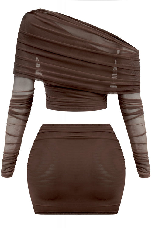 Amayra Asymmetrical Mesh Skirt Set Brown