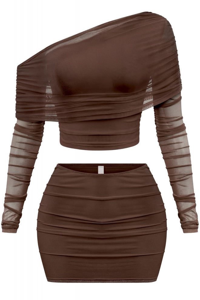 Amayra Asymmetrical Mesh Skirt Set Brown