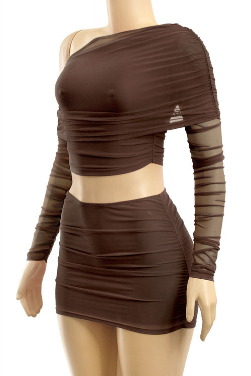 Amayra Asymmetrical Mesh Skirt Set Brown