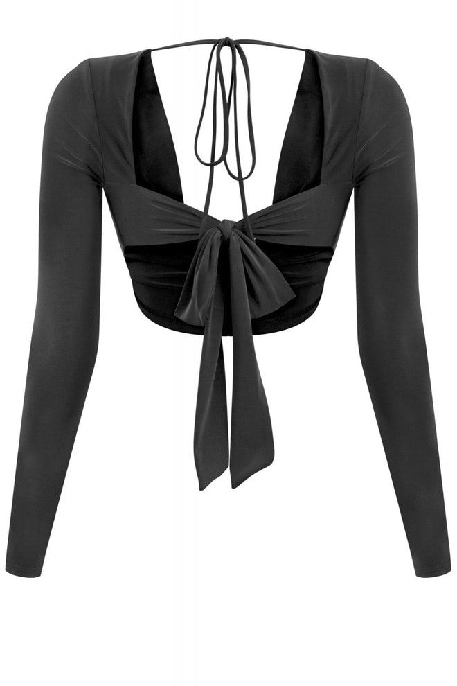 Ladera Long Sleeve Drape Crop Top Black - Style Delivers