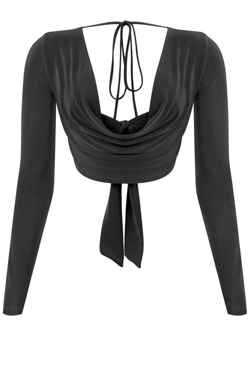 Ladera Long Sleeve Drape Crop Top Black - Style Delivers