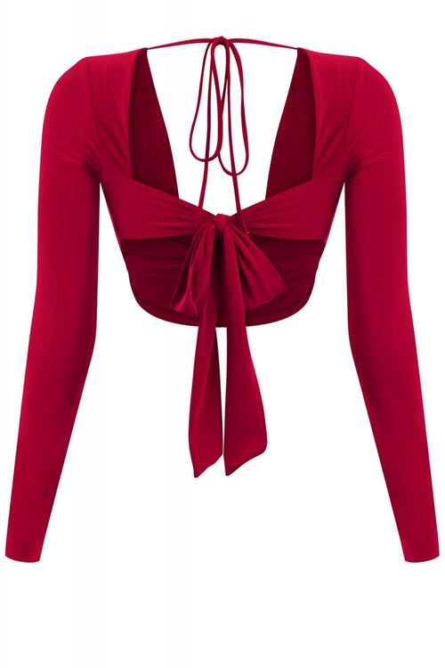 Ladera Long Sleeve Drape Crop Top Burgundy - Style Delivers