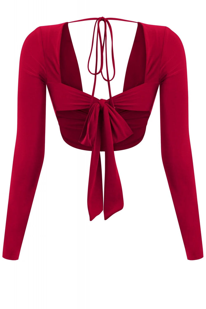 Ladera Long Sleeve Drape Crop Top Burgundy - Style Delivers