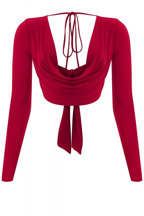 Ladera Long Sleeve Drape Crop Top Burgundy - Style Delivers