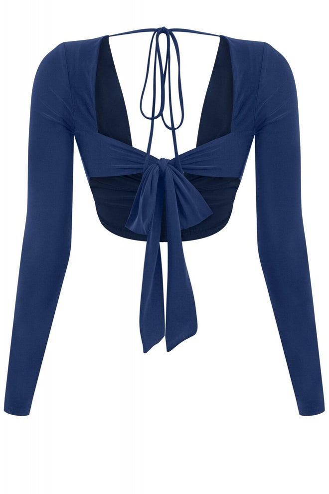 Ladera Long Sleeve Drape Crop Top Navy - Style Delivers