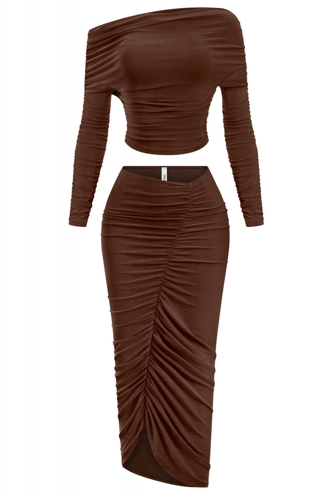 Sahara Ruched Midaxii Skirt Set Brown - Style Delivers